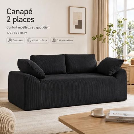 Petit Canapé 170x86x60cm Mousse à Mémoire - Canapé 2 Places - Tissu Noir, Design Sans Pieds, Poches Incluses, Sans Montage (1/5)