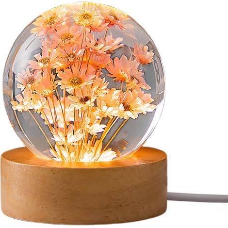 Akzentlampe mit künstlichen Löwenzahnblüten in einer leuchtenden USB-Kristallkugel, Holzsockel (1/2)