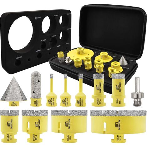 Foret Diamant Carrelage 12 Pièces - 9 Scies Cloche M14 (6/6/8/20/25/35/50/68/110mm), Fraise 20mm, Chanfrein 50mm, Adaptateur M14/Hex pour Céramique, Marbre, Granit, pour Meuleuse (1/5)