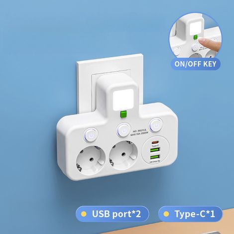 Eins zu vielen, mit Schalter, USB-Anschluss, mit intelligentem USB-Anschluss, Stecker, Verlängerungskabel, Typ-C-Ladeanschluss, mit Nachtlicht, weiße Ausführung 1 (1/4)