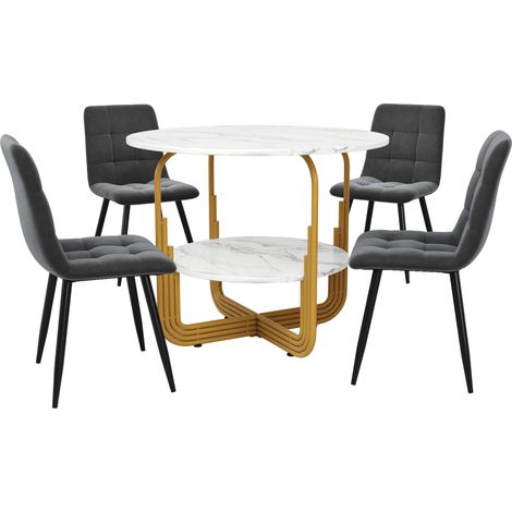 Conjunto de comedor 5 piezas redondo 80 cm MDF efecto mármol con 4 sillas grises de terciopelo (1/5)