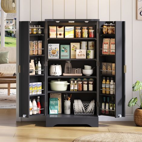 Armadio da cucina con LED e ripiani regolabili, in nero, 120x60,5x40 cm