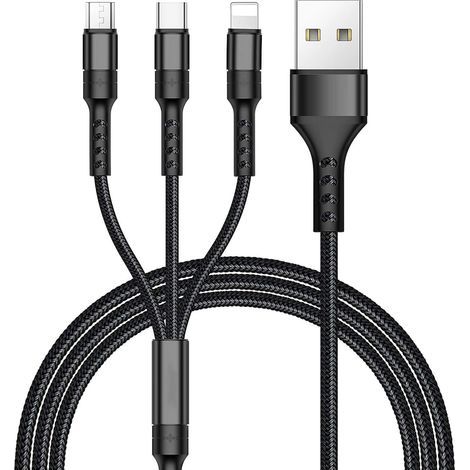 Câble Multi USB, 3 en 1 Multi Chargeur USB Câble en Nylon Tressé avec Micro USB Type C Connecteurs pour Samsung Galaxy S10/S9/S8,Huawei p30/P20,Honor,OnePlus,Wiko,Kindle 1.2M (Noir) (1/5)
