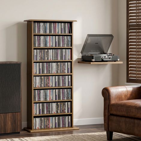 Meuble de rangement pour CD et DVD à 8 compartiments et 6 étagères réglables, capacité maximale 360 CD / 185 DVD et Blu-ray, finition noyer (1/5)