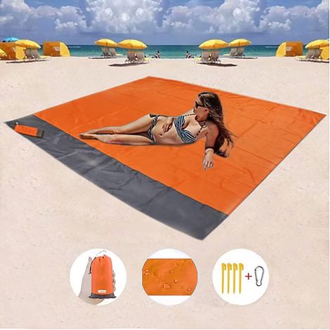Couverture de plage, 200 x 210 cm (79'' x 83''), taille King (4 à 7 adultes), légère, imperméable, couleur sable, avec 4 piquets + grise (1/5)
