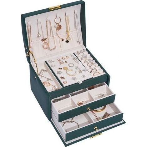 Boîte à bijoux pour femme, boîte de rangement à bijoux, boîte à bijoux de voyage avec 2 serrures de tiroir pour bagues, bracelets, boucles d'oreilles, colliers, cadeaux, intérieur en velours, meilleur (1/5)