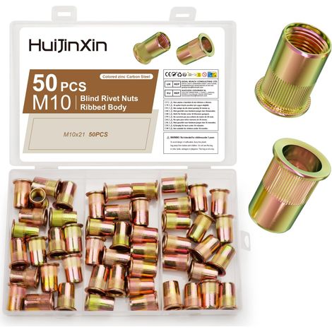 50 Pcs Insert Fileté Metal, Ecrou a Sertir, M10 Écrous à Sertir Rivet Fileté, Écrou de Rivet a Tête Plate en Acier Carbone, Manchons Écrous d'Insertion Filetés pour Tôles, Bois, électricité (1/5)