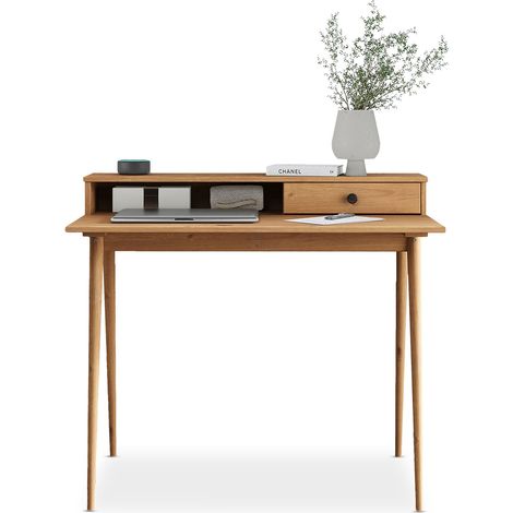 Idimex – Bureau droit en pin massif brun avec 1 tiroir et 1 étagère – Dimensions 86 x 100 x 54 cm – Pieds en cône pour stabilité (1/4)
