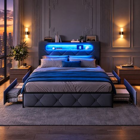 JOOKGBD–Letto Matrimoniale Imbottito 160x200 cm,4 Cassetti,Contenitore,LED,Porta USB,Testiera Imbottita,Rete a Doghe,Letto per Adolescenti,Velluto,Grigio (1/5)