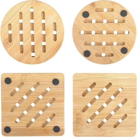 Ensemble de 4 Dessous de Plat en Bambou Résistant à la Chaleur, Écologique et Antidérapant, 2 Ronds et 2 Carrés, Idéals pour Théières, Bols et Ustensiles Chauds, Protection de Table Parfaite (1/5)