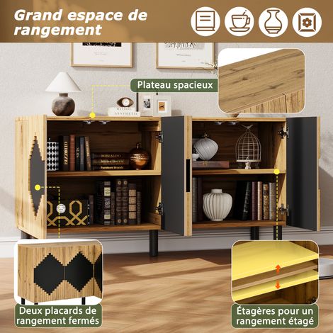 Buffet moderne, placard avec 2 portes, casiers, motif losanges, en panneau de particules robuste avec MDF, charge jusqu'à 50 kg, pour salon, salle à manger, entrée, 140x40x70cm, aspect bois+noir (1/5)