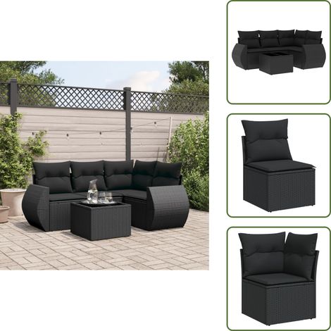 5-tlg. Garten-Sofagarnitur mit Kissen Schwarz Poly Rattan - Gartenmöbel Set - Outdoor Möbel - Rattan Gartenset - Lounge Set - Esstisch Set (1/5)