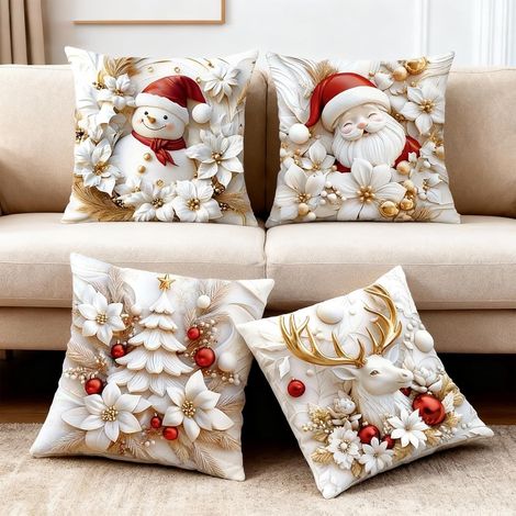 (Lot de 4) Taies d'oreiller de Noël 45x45 cm, Housses de Coussin Canapé, Décoration Intérieure avec Motifs Père Noël & Bonhomme de Neige (1/5)