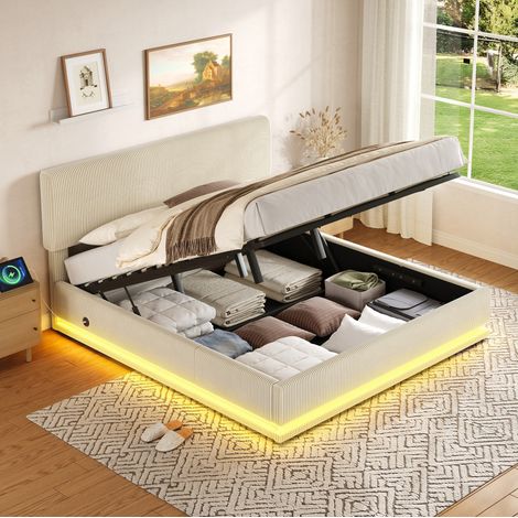 Bett 180x200 Polsterbett Stauraum LED Beige HAVRYA (1/5)