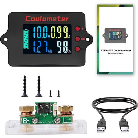 100A Contrôleur de batterie 12V 24V 36V 48V Moniteur de batterie 8-120V Battery Ampèremètre universel de tension de batterie au lithium Courant en cuivre pur + 2m de câble USB (écran couleur)