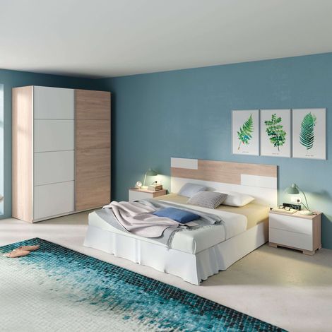 Pack Habitación Matrimonio Onix Blanco Y Roble Camas 150 cm (cabecero+mesitas+armario)