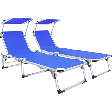 Coppia Di Lettini Pieghevole Prendisole Tettuccio Parasole Schienale Reclinabile Regolabile 6 Posizioni Struttura In Alluminio Sedia Sdraio Spiaggia Mare Giardino Piscina 187 x 59 x 29 Cm (Blue)