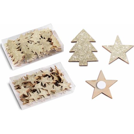 Decorazioni biadesivo di Natale in legno con brillantini oro sagomate a stella e albero di Natale in scatola, set da 4 pezzi, Albero: cm 3,5 x 5 H