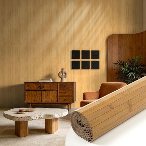 Lot de 4 Panneau Mural en Bambou Naturel (40 x 240cm), Revêtement Mural Flexible pour Décoration Intérieure, Tasseaux Bois pour Îlot de Cuisine, Salon (1/5)
