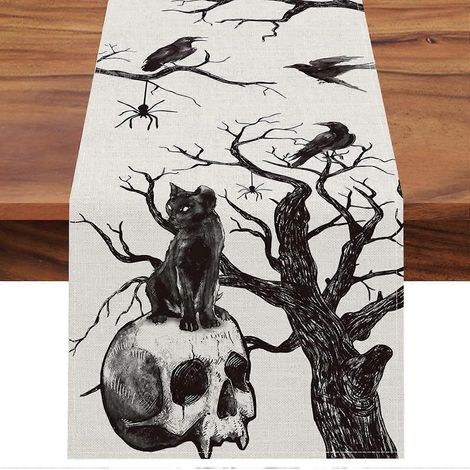 Chemin de table gothique d'Halloween avec crâne, chat noir et corbeaux, branches d'arbre et araignée, décoration de table pour la cuisine et la salle à manger, décoration effrayante pour la maison, à (1/5)