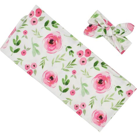 Couverture d'emmaillotage ultra douce à motif floral pour nouveau-né, avec bandeau pour les cheveux (6) (1/5)
