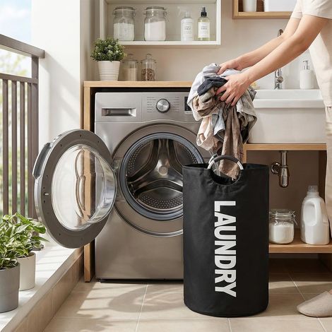 1 Grand Panier À Linge, Autoportant, Pliable, Noir, Pour Maison (1/5)