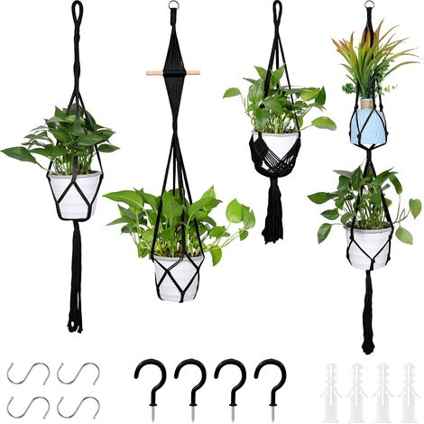 4 Porte-pots Macramé, Coton Tissé Main, Crochets Inclus, Pour Intérieur Et Extérieur, Salon Balcon