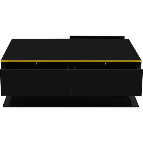 Mesa de centro LED negro brillante 100 cm con detalles dorados, 3 cajones y luz USB (1/5)