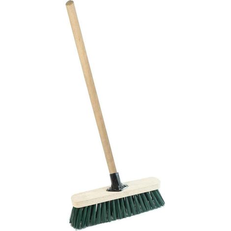 1 x Green 12" Strong PVC Bristle Broom With Wooden Handle Ideal For Driveways, Warehouses & Garages