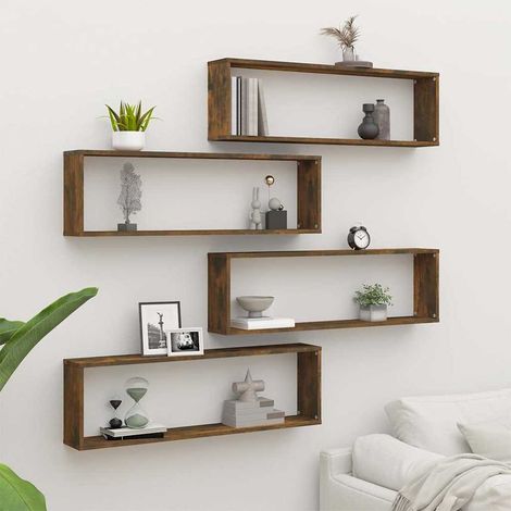 Lot de 4 Étagères murales cubiques Étagère de Rangement - Meuble de rangement Chêne fumé 100x15x30 cm BV427779 - BonneVie (1/5)