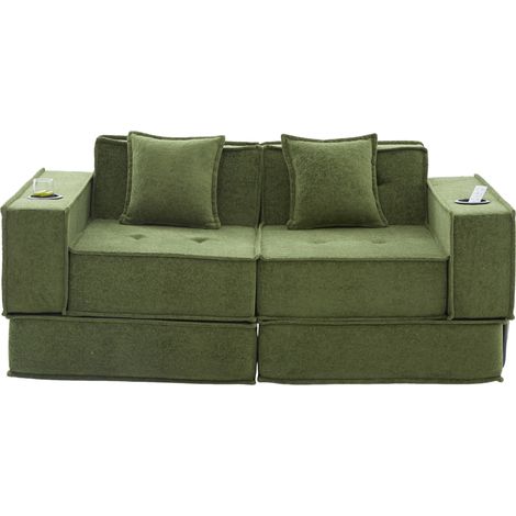 Sofá cama de chenilla verde de 2 plazas con 2 cojines, bolsillos laterales y portavasos (1/5)