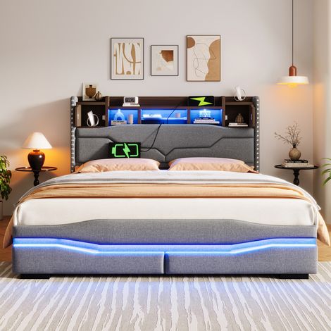 Lit capitonné moderne 160x200 cm en lin gris avec tête de lit rangement, coffre hydraulique, LED et USB/Type-C (1/5)
