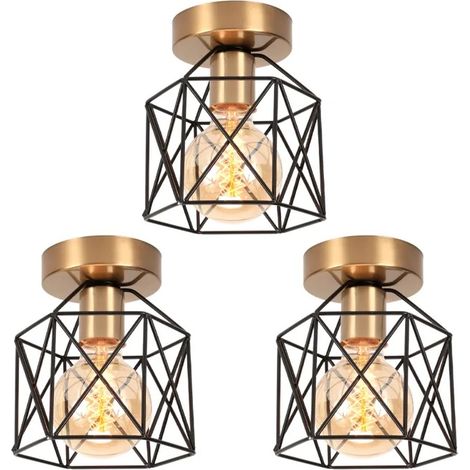 3pcs Plafonnier en Cage,E27 Lampe de Plafond Industriel Abat-jour en Fer Design Carré Lustre Vinatge Style Edison pour Salon (1/5)