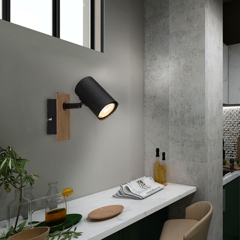 Applique murale orientable Spot mural en bois Salon Applique murale noire Couloir, MDF métal, douille GU10, LxlxH 15,1x6x13,4 cm