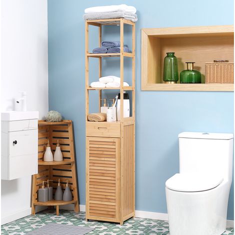 Mobile bagno stretto in bambù con 3 ripiani, cassetto e anta a doghe 32 x 30 x 163 cm (1/5)