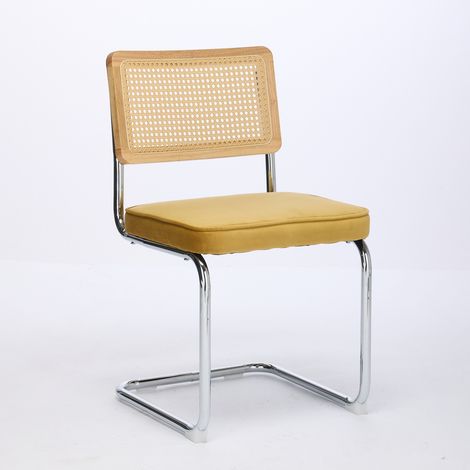 Lot de 2 chaises de salle à manger modernes vintage, sièges en velours avec dossier cannage naturel, piètement chromé en acier, design inspiré par Breuer, chaises d'appoint pour cuisine, finition or, (1/5)