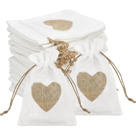 Lot de 30 sacs en jute, petits sacs en forme de cœur, 13 x 18 cm, sacs cadeaux en jute avec étiquettes en forme de cœur, petits sacs à remplir, sacs en jute, sacs en lin pour cadeaux de mariage, bonbo (1/5)