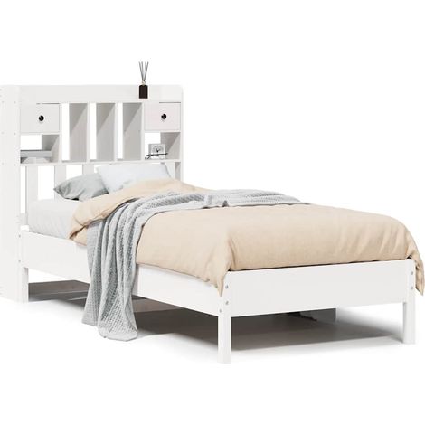 Lit simple  Lit adulte  Lit bibliothèque sans matelas blanc 75x190cm bois de pin massif