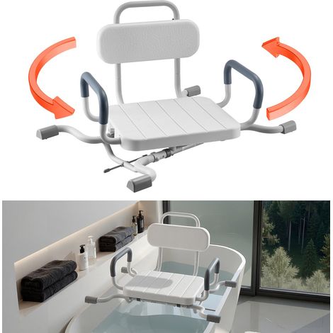 Siège de Baignoire Pivotant, Banc de Transfert Baignoire avec Dossier et Accoudoirs, Capacité 100 kg, Chaise de Douche pour Adultes, Personnes Âgées et Handicapés, à Poser sur les Baignoires
