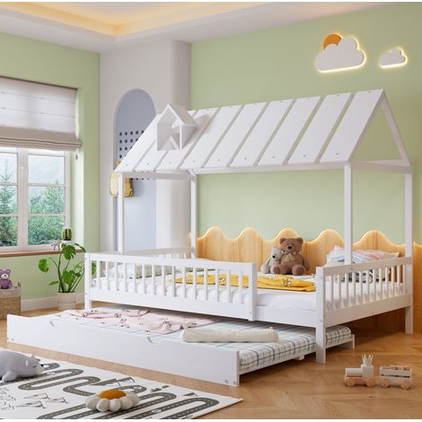 Lit cabane 120x200 avec lit gigogne bois blanc HAVRYA (1/5)