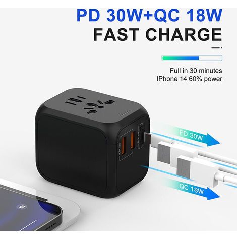 Adaptateur universel 30W avec ports USB/USB-C pour plusieurs pays