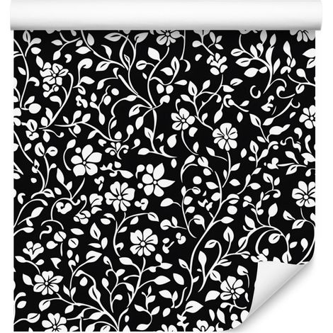 Papier peint à fleurs noires et blanches, fond graphite et gris, 50 x 1000 cm (1/5)