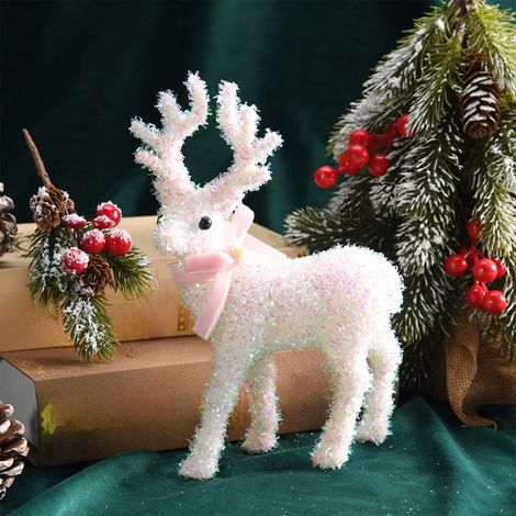 Ornement De Renne - Figurine En Résine Blanc 21 Cm Avec Écharpe À Nœud Rouge Et Rose Et Clochettes Dorées - Décoration De Noël Pour Arbre Table Ou Bureau - 1 Pièce (1/5)