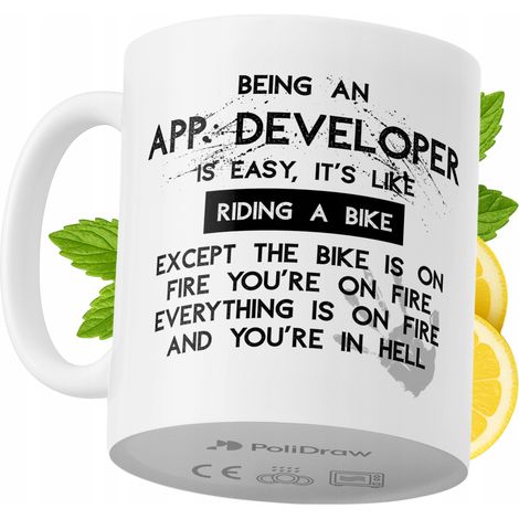 Mug humoristique pour développeur d'applications, avec un texte amusant et un design graphique original. Idéal pour les anniversaires, les fêtes et les occasions spéciales. Mug premium pour la maison,