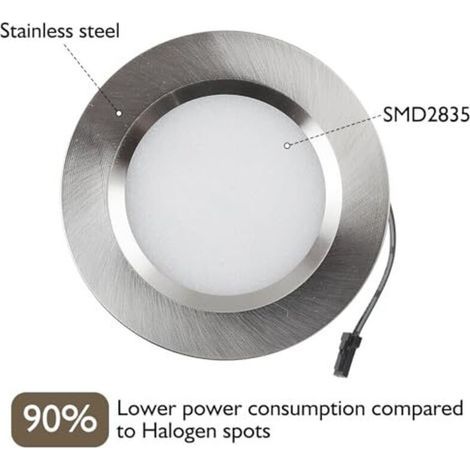 Ensemble de 3 spots encastrés LED ultra-plats 12 V 3 W, découpe 55 mm avec câble de 1,7 m, indice de protection IP44, pour armoires à miroir, vitrines, meubles et placards (acier inox (1/4)