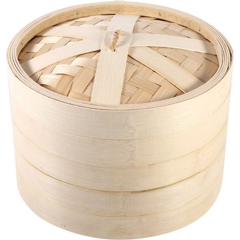 Cuiseur vapeur en bambou à 2 niveaux pour riz naturel chinois avec couvercle (22 cm) (1/5)