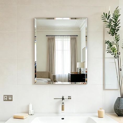 Miroir Mural Salon Décoratif: Miroirs Muraux Design en Verre Biseauté sans Cadre Grand Miroir Suspendu Rectangulaire Argenté Décor Mural d'Entrée Modern pour Chambre Salle de Bain - 50 40cm (1/5)