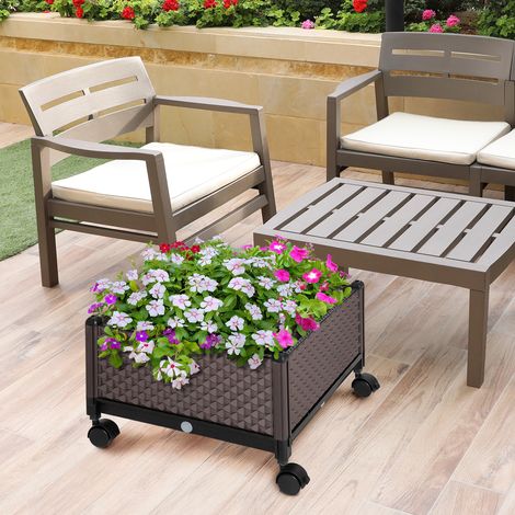 Pot plastique roues Marron trous drainage cultiver plantes extérieur 50x50x33 cm (1/4)