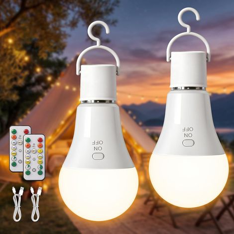 E27 Ampoule Rechargeable avec Telecommande, 3 Couleur, Lot de 2 Telecommande, Batterie Ampoule Sans Electricite, Intensité Variable, Chargement USB-C, Contrôle des Boutons (1/5)