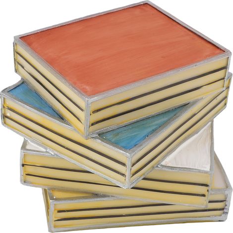 Lampe de chevet en vitrail représentant des livres empilés, lampe de bureau en verre artisanal, lampe de lecture en résine artisanale pour chambre, salon, bibliothèque ou bureau. (1/5)